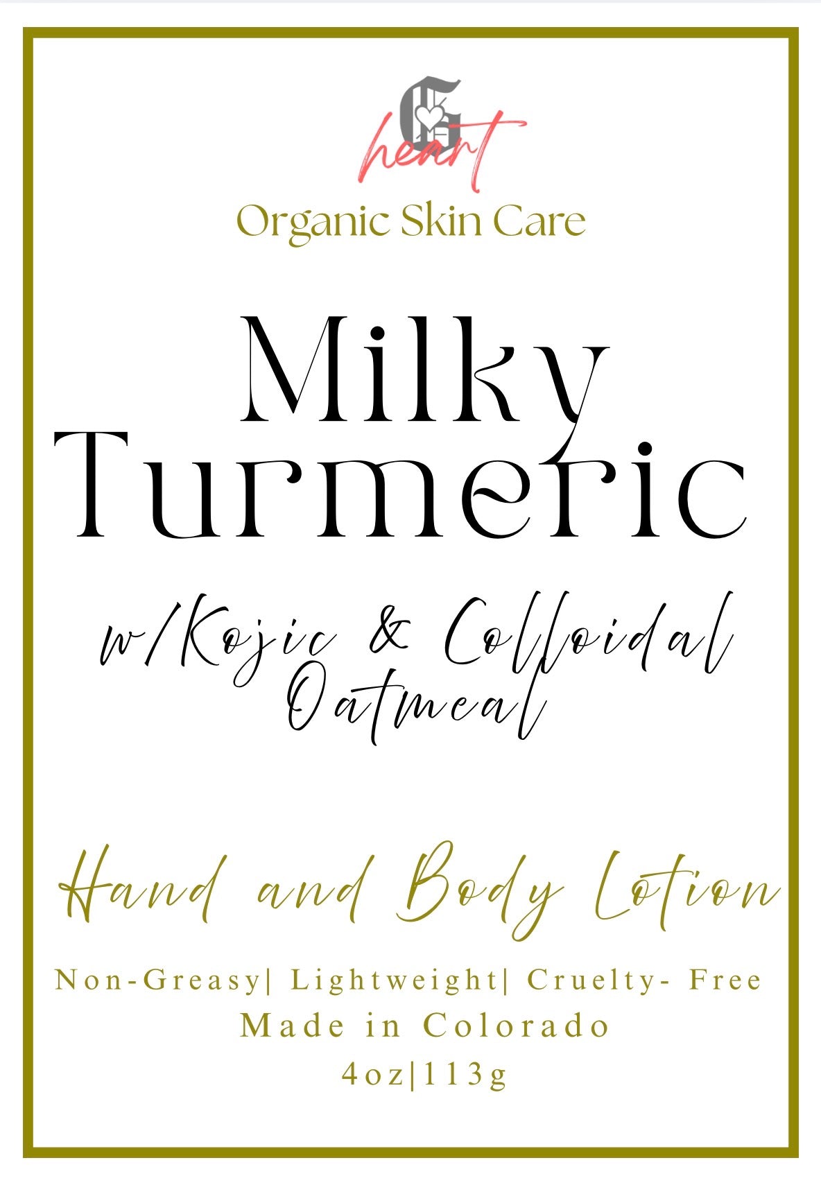 Milky Turmeric Lotion w/ Kojic & Colloidal Oatmeal - 4oz - Gabriel's Heart Organic Skin Care